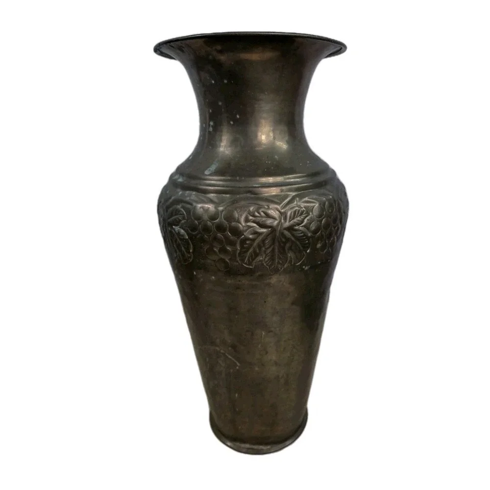 Vintage Distressed Tall Brass Embossed Urn Vase Vessel India 14.5